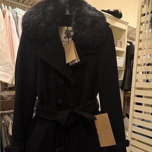 Burberry Women's Black Trench Coat with Fur Collar